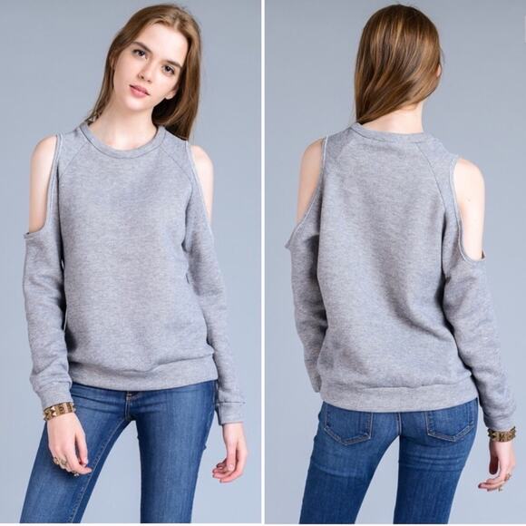 A067-B • Grey Cold Shoulder Crew Neck Pullover Sweater - Picture 1 of 5